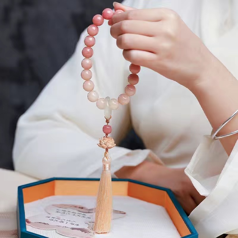 国风粉渐变菩提根圆珠手持黄杨木莲花流苏11*12（盘玩袋）