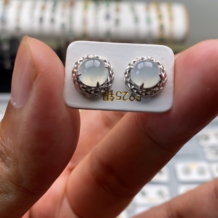 翡翠戒指银S925镶嵌耳钉