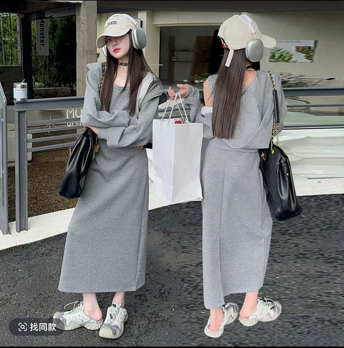 韩系运动春季套装女新款酷飒连衣裙一整套ootd穿搭连帽卫衣外套潮