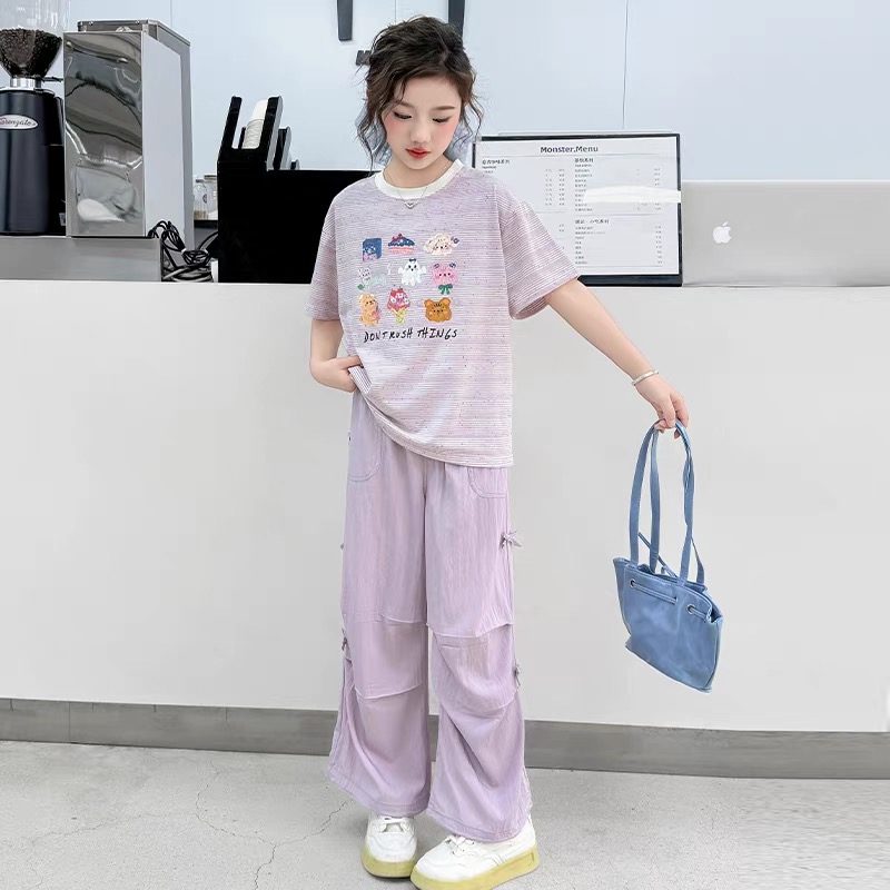 【清货】2025夏条纹彩点卡通短袖T恤蝴蝶结直筒裤套装 D353 353 M