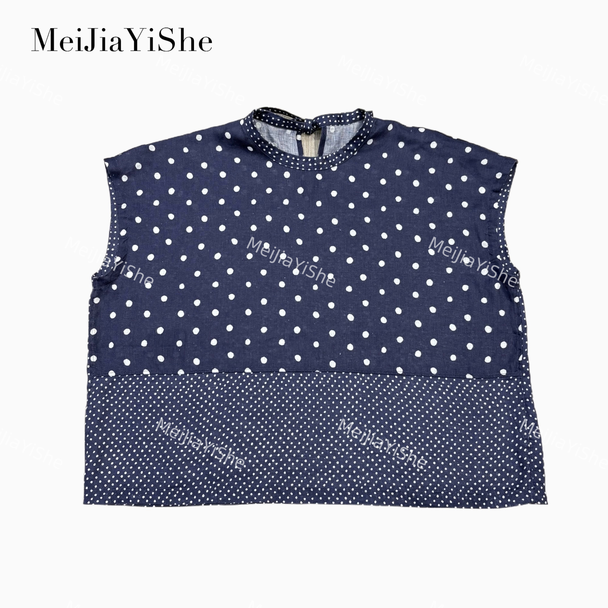 梅家2025新款宽松休闲亚麻波点拼接上衣