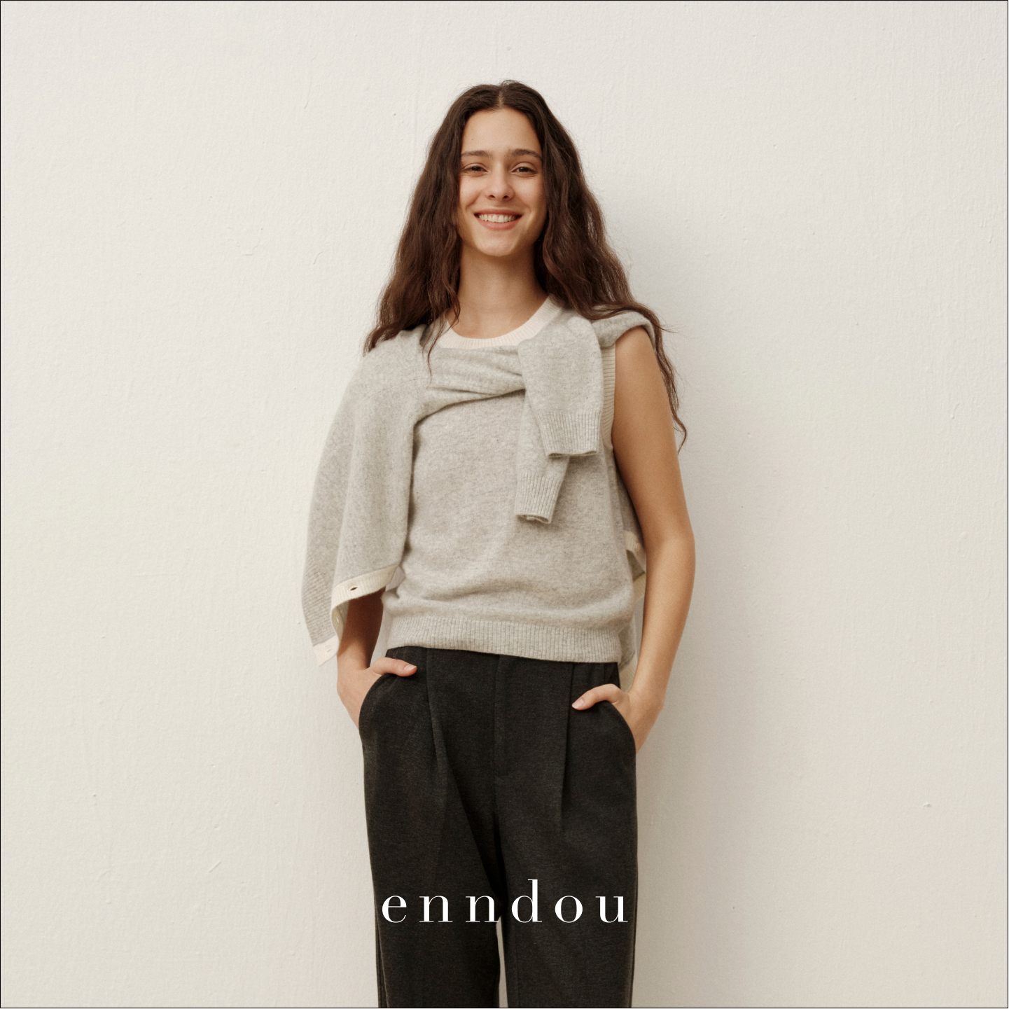 enndou 100%纯羊绒2025秋装新款圆领短袖上衣套头针织衫毛衫背心
