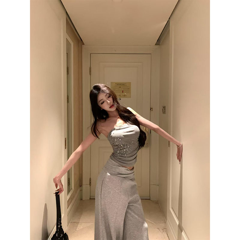 纯欲风气质辣妹修身短款蕾丝抹胸上衣高腰百搭宽松垂感直筒长裤女