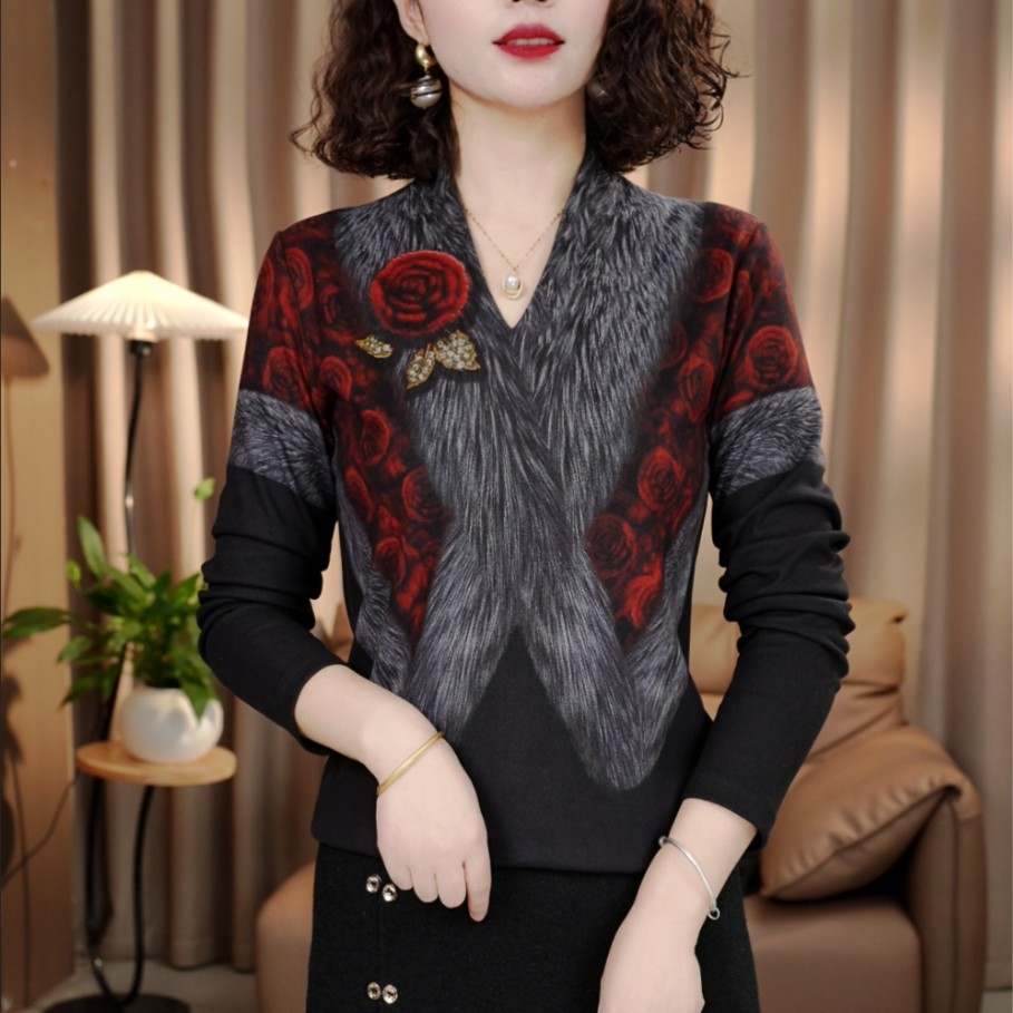 【现货】秋冬新款玫瑰红高端3D定位印花女显瘦百搭减龄气质套头上衣