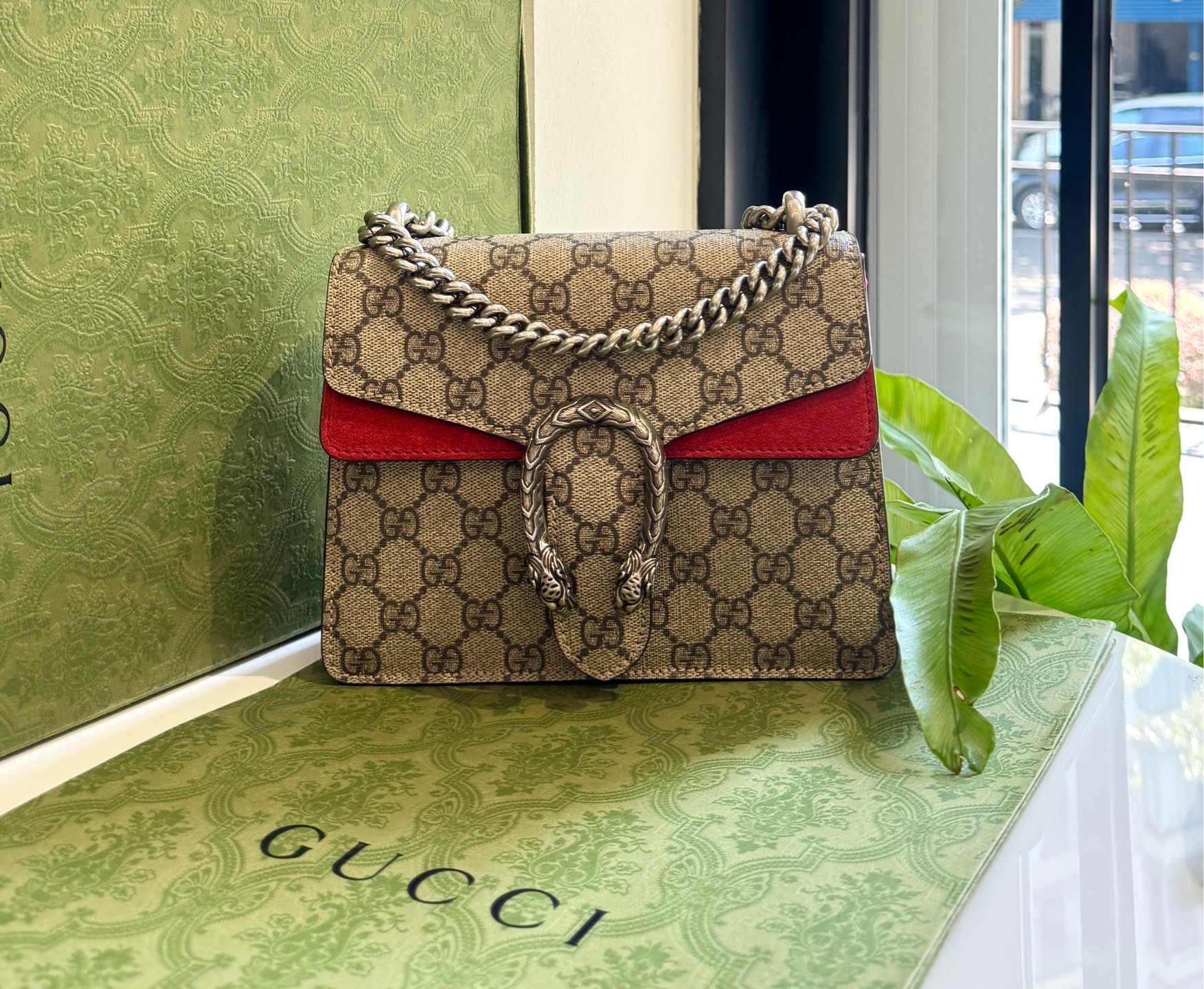 99新 GUCCI/古驰 Gucci老花拼红小号酒神链条包99新/0261单肩奢侈