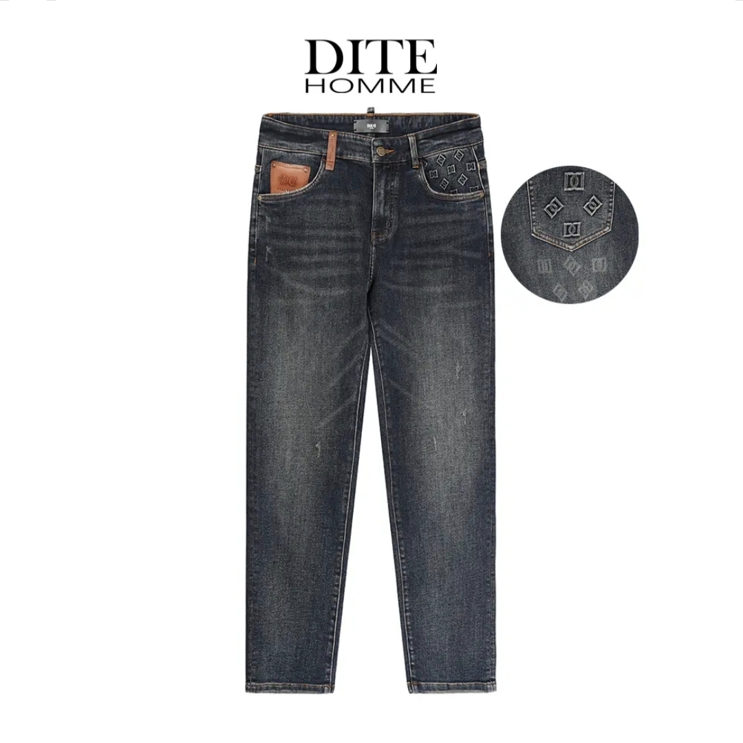 Dite迪特男士秋冬季新款蓝色直筒时尚百搭宽松修身弹力水洗牛仔裤