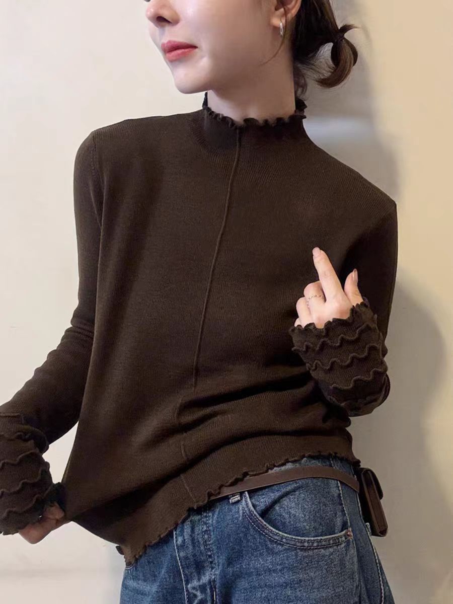 老钱风灰色木耳边半高领针织打底衫女秋冬修身立领设计感温柔上衣