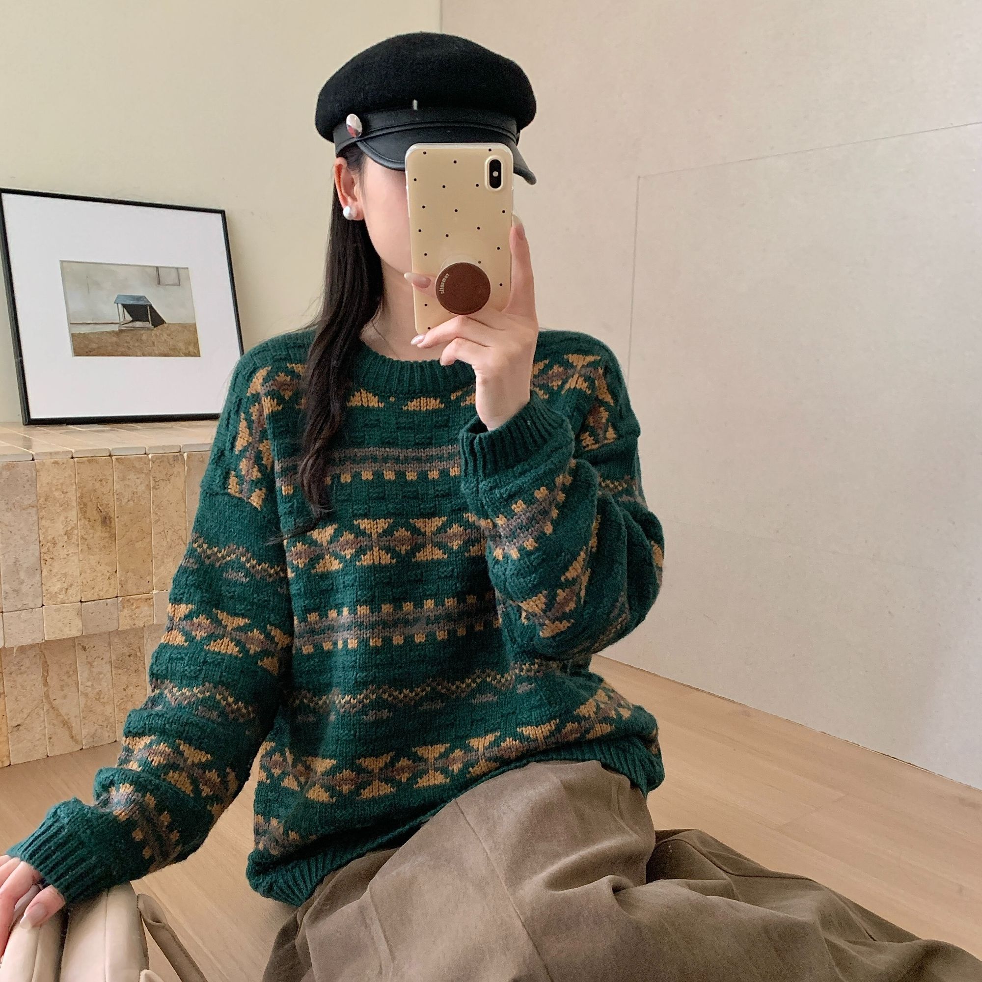 【山有】圆领秋冬绿色毛衣长袖冬季加厚宽松提花打底百搭小众