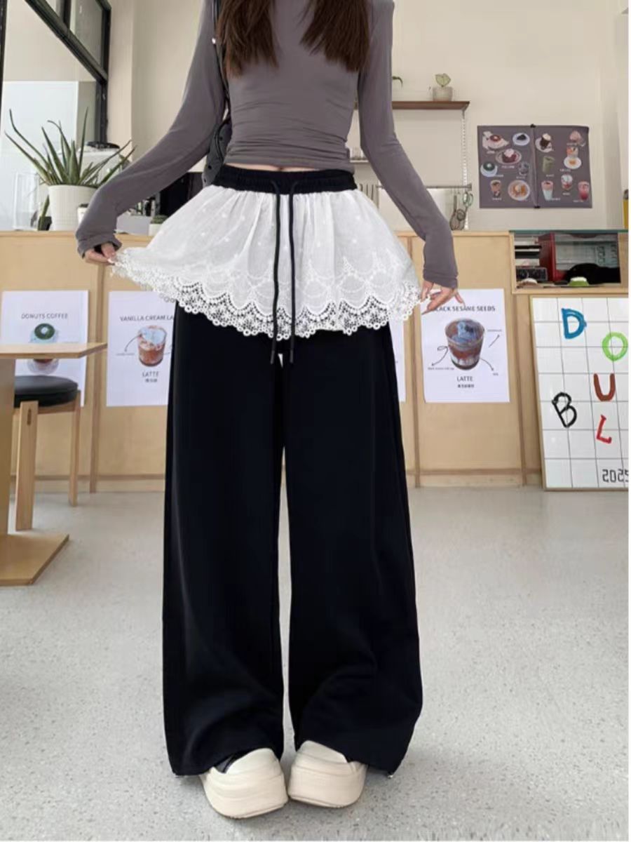 5031#拼接蕾丝屁帘直筒休闲裤女新款设计感显瘦宽松微喇裤（约103）
