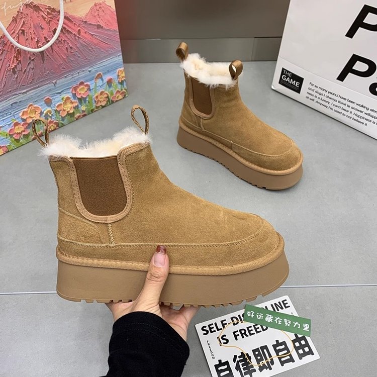 人造短毛绒百搭牛反绒（磨砂皮）靴子套筒松糕底圆头雪地靴中筒靴