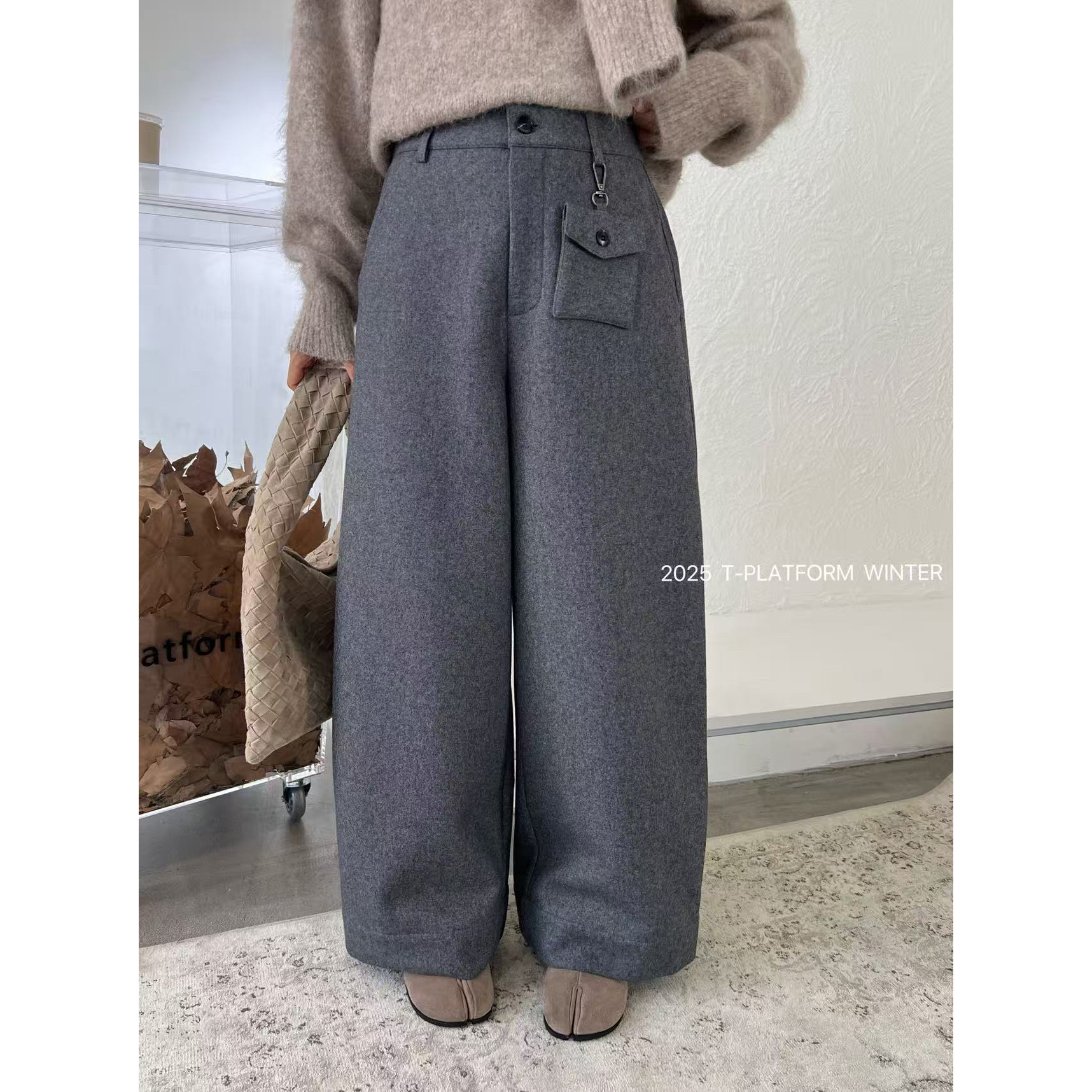 TT 福 （1tt83328#）呢料的- 腰包阔腿百搭休闲裤 12-20