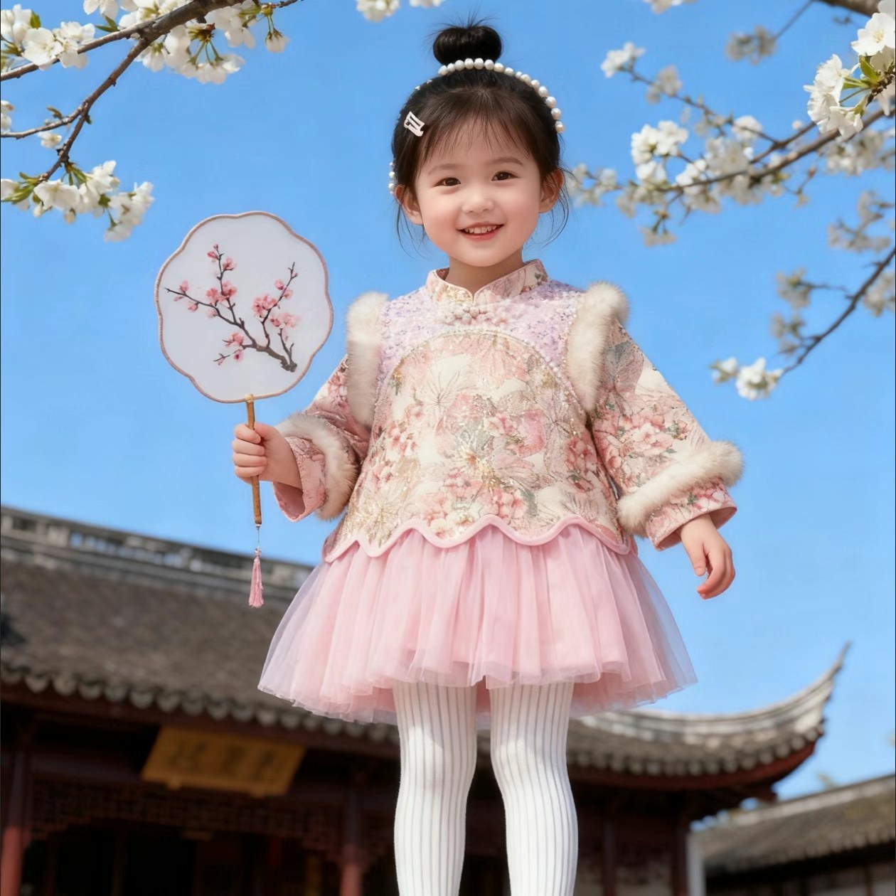 1658冬季加绒女童公主风中国风连衣裙唐装女宝裙子公主裙年服