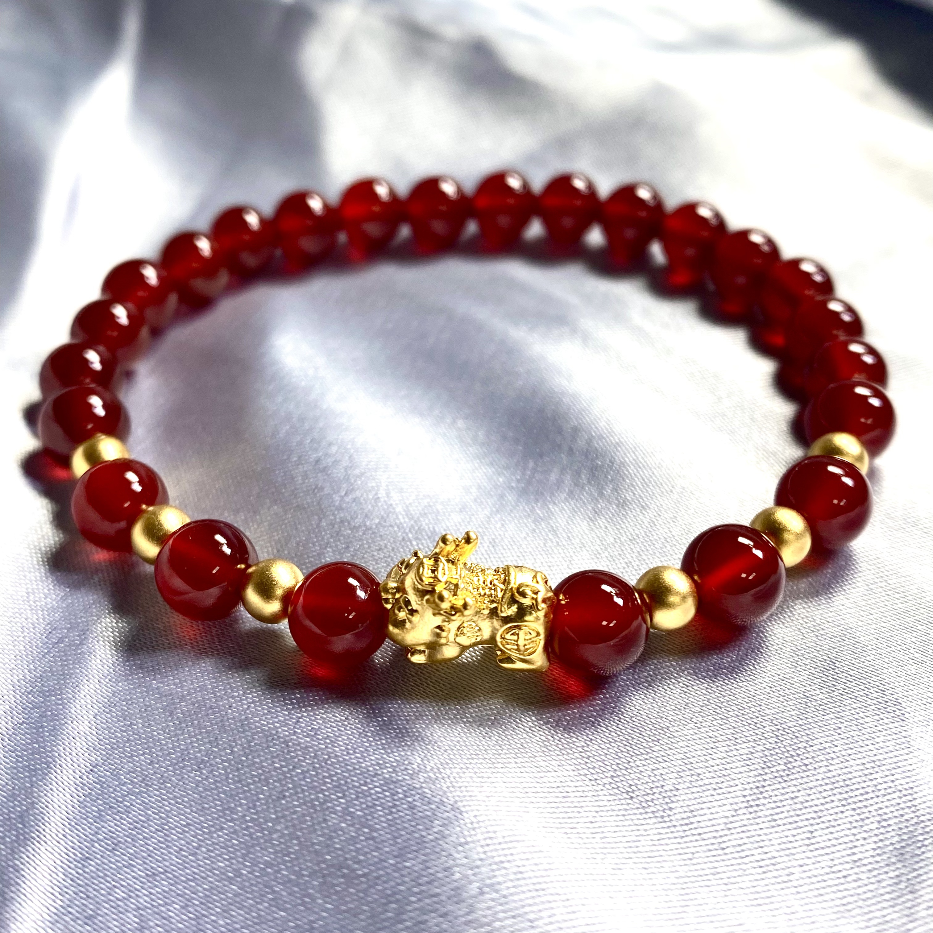 足金999貔貅宝宝+卡4金珠6颗编好 红玛  瑙手串@@A240