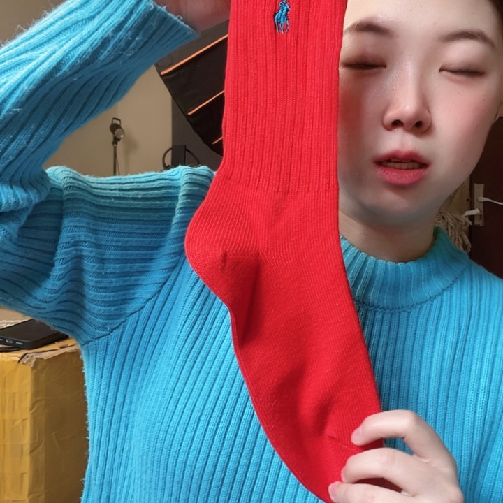 三醋酯纤维拉夫亮红色浅蓝标袜子