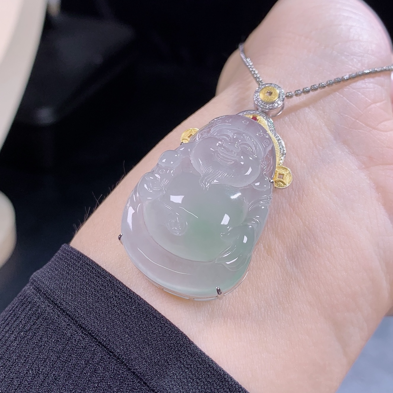 缅甸天然A货翡翠镶嵌18k金冰种飘绿财神吊坠正品珠宝48×26.6×12.3