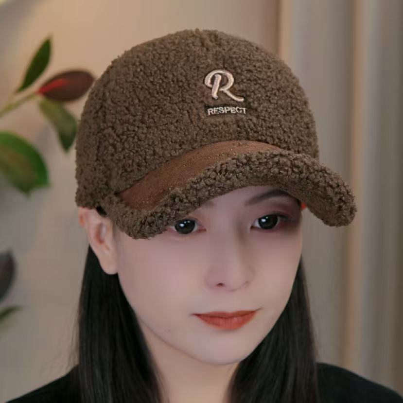 秋冬新款羊羔毛钻绒棒球帽大头围加厚保暖刺绣男女同款鸭舌帽
