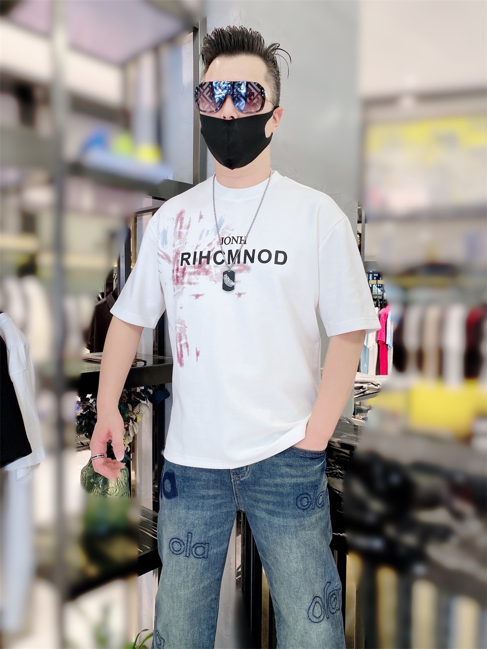 [陈先生]秋季宽松圆领潮流印花休闲时尚半袖白色个性百搭情侣韩版