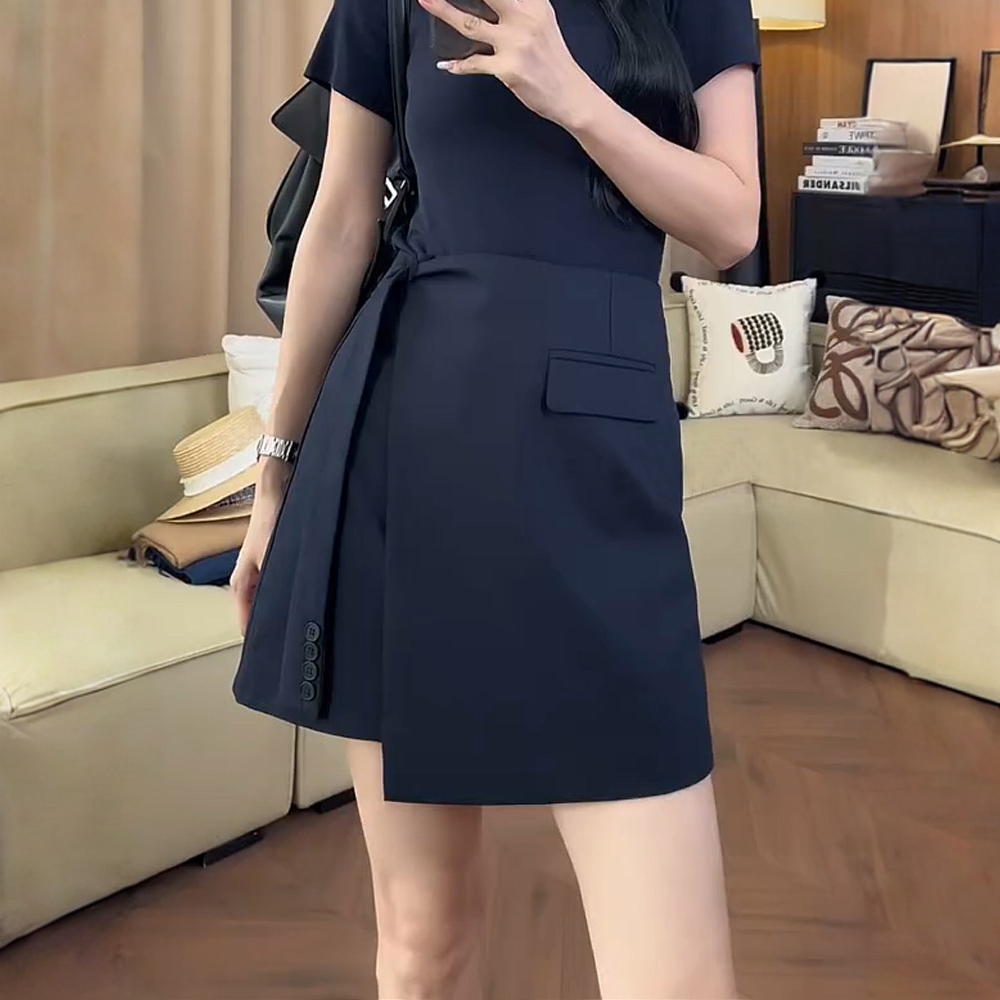 大码女装2025秋季高腰不规则西装休闲短裙胖mm遮胯显瘦a字半身裙