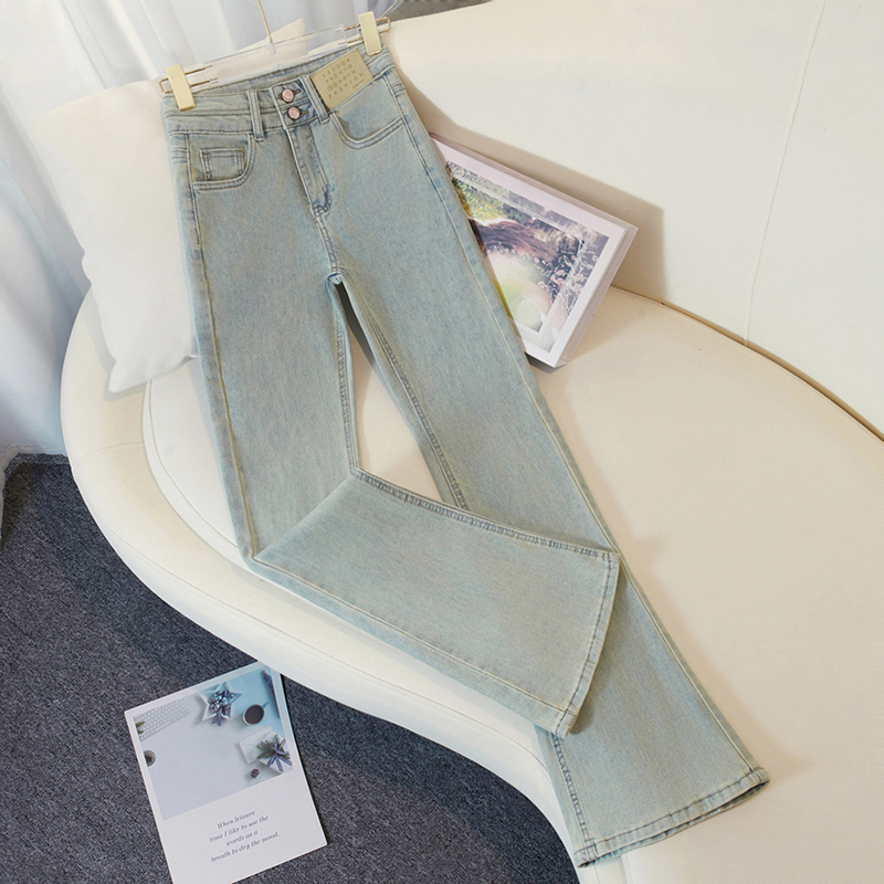 时尚浅蓝色微喇牛仔裤女2025秋季小个子显瘦弹力修身拖地喇叭裤女