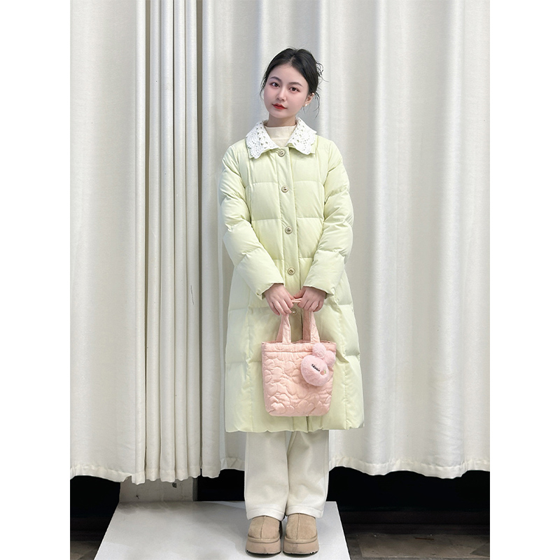 【香草奶绿】小娜椒小个子奶绿色可拆花边翻领长款直筒甜美羽绒服女