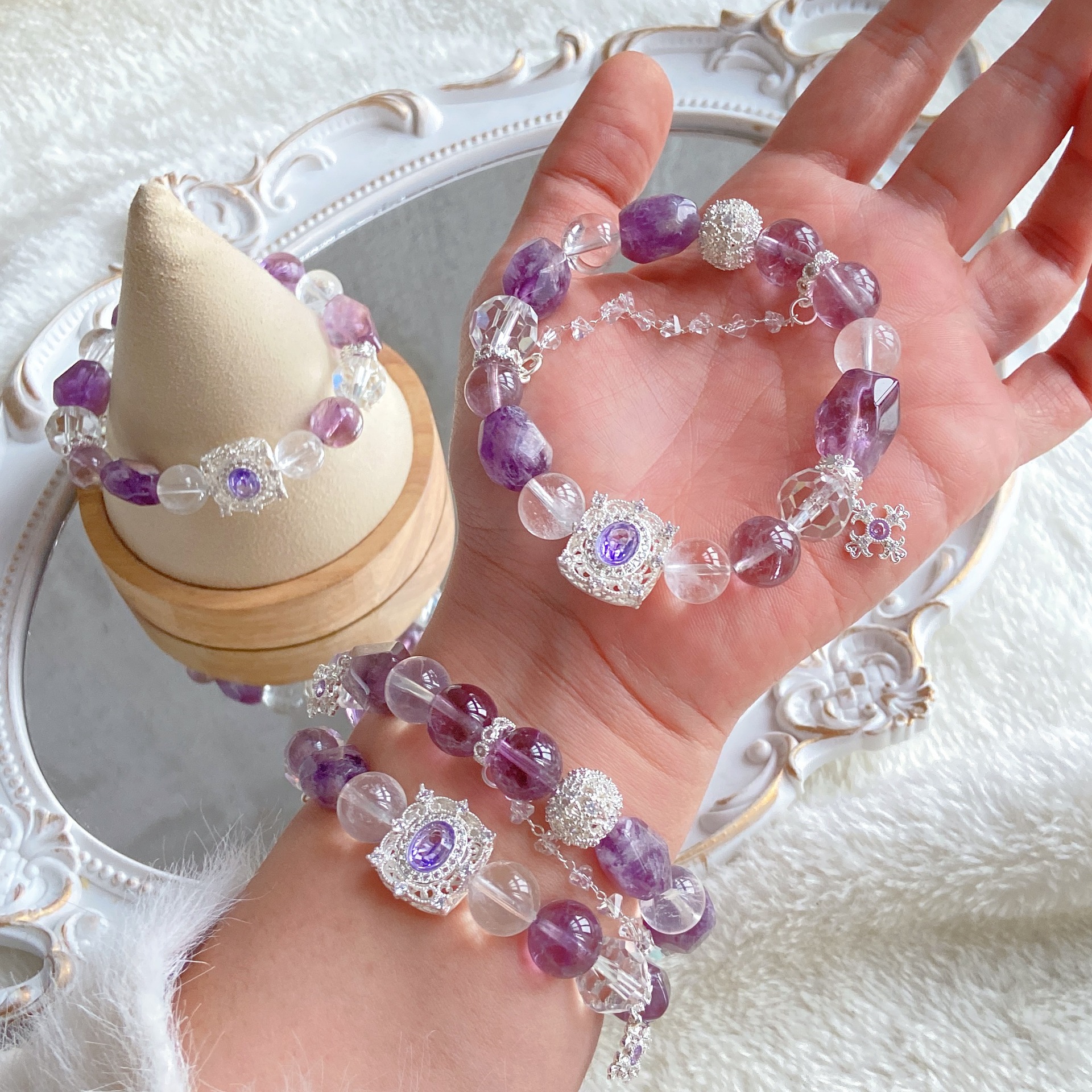 A311重生缘天然紫幽灵玻利维亚紫晶白水晶手串随形手链