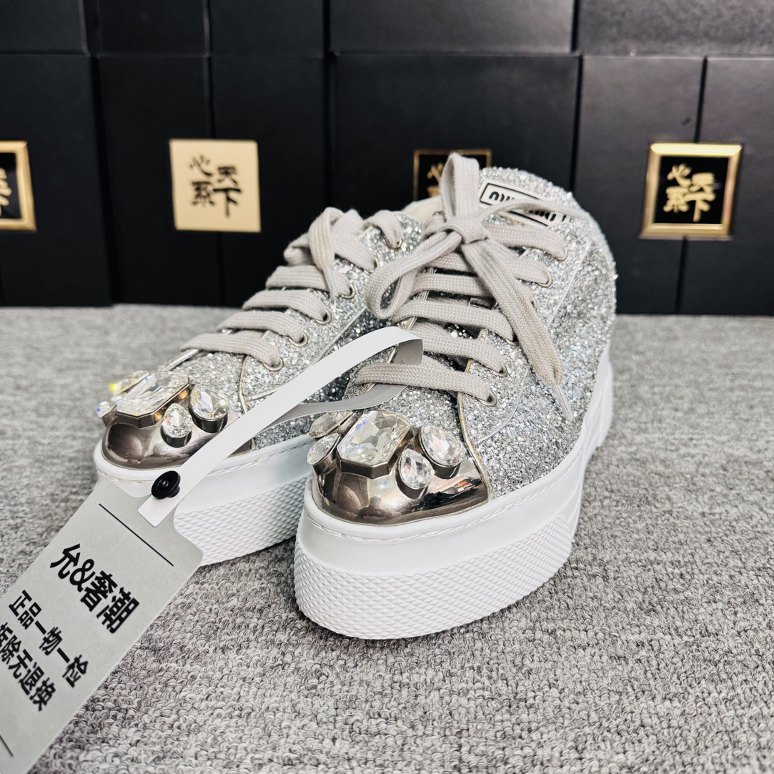 99新 MIU MIU/缪缪 闪片方钻厚底运动鞋37.5码ysc2338