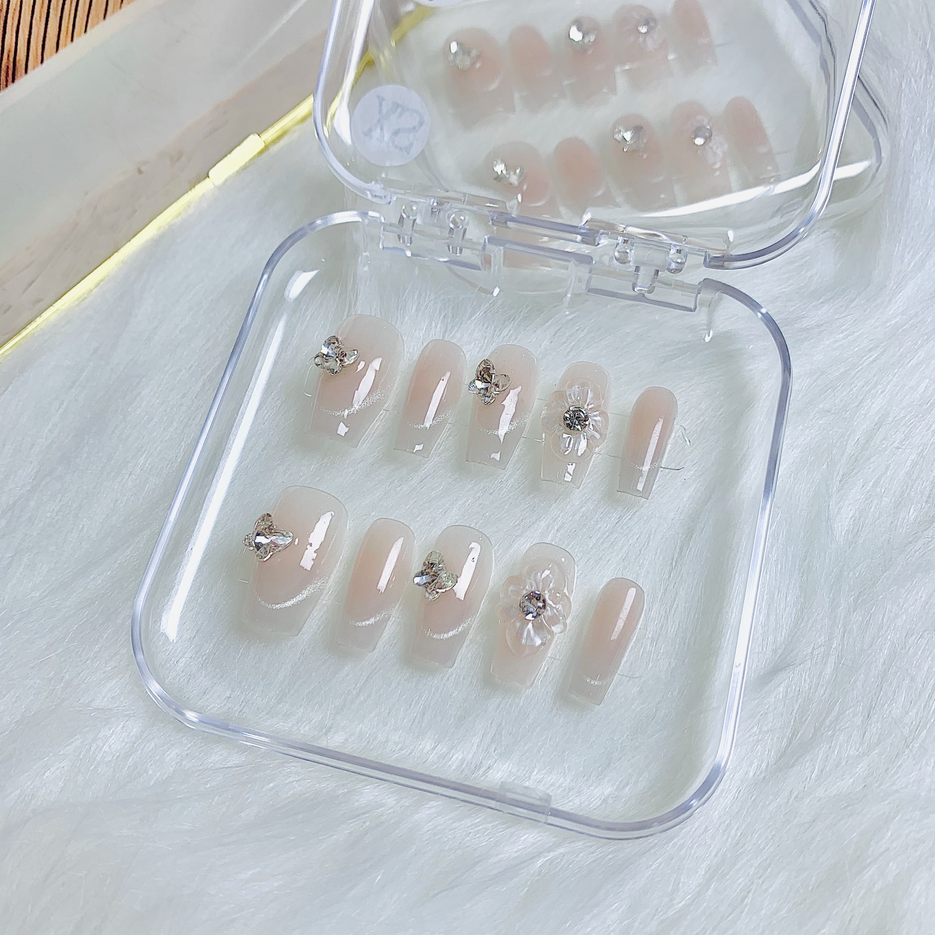 （晶石冰花）日常百搭手工穿戴甲 短梯（自拍实图）