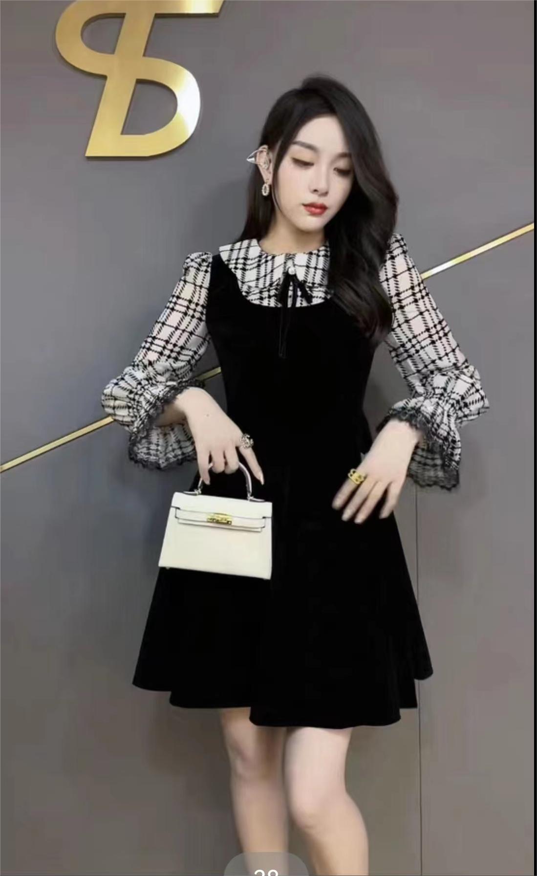 长袖显瘦千金风连衣裙静奢风拼接圆领辣妈复古