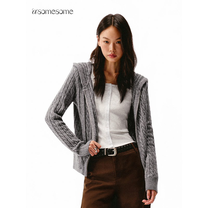asomesome美式粗麻花连帽宽松毛衣外套女绵羊毛针织开衫显瘦上衣
