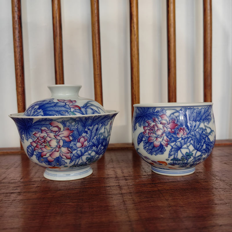 空山明月青花斗彩莲池盖碗杯子两才元宝盖碗喝茶主人杯荷花莲花杯