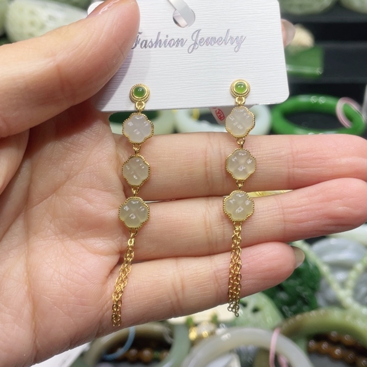 和田玉耳饰银S925镶嵌