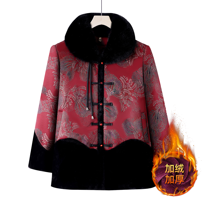 冬季新款加绒中老年女装老年人妈妈外套加绒加厚棉袄保暖奶奶装