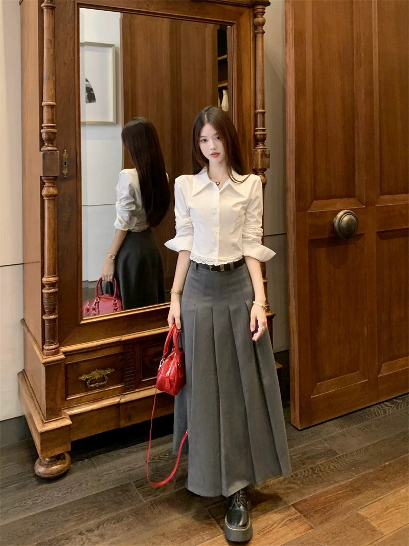 sunbaobao定制2025春款衬衫学院风灰色半身西装裙配腰带显瘦遮肉