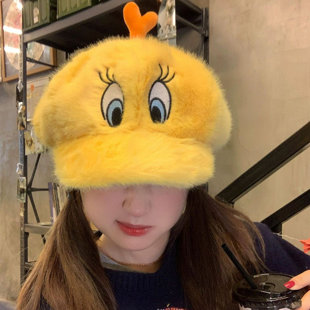 可爱崔弟翠儿小黄鸭毛绒鸭舌帽子女秋冬保暖显脸小棒球帽2025新款