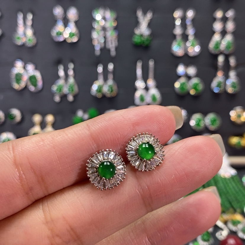 【闪购商品】翡翠耳饰银S925镀金镶嵌