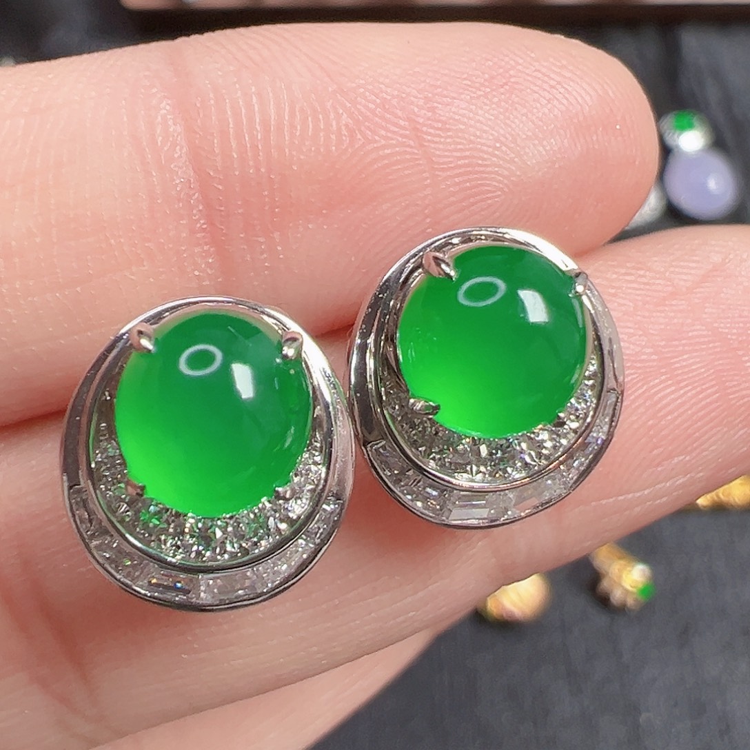 翡翠18K金镶嵌耳饰冰种黄阳绿蛋面两用款