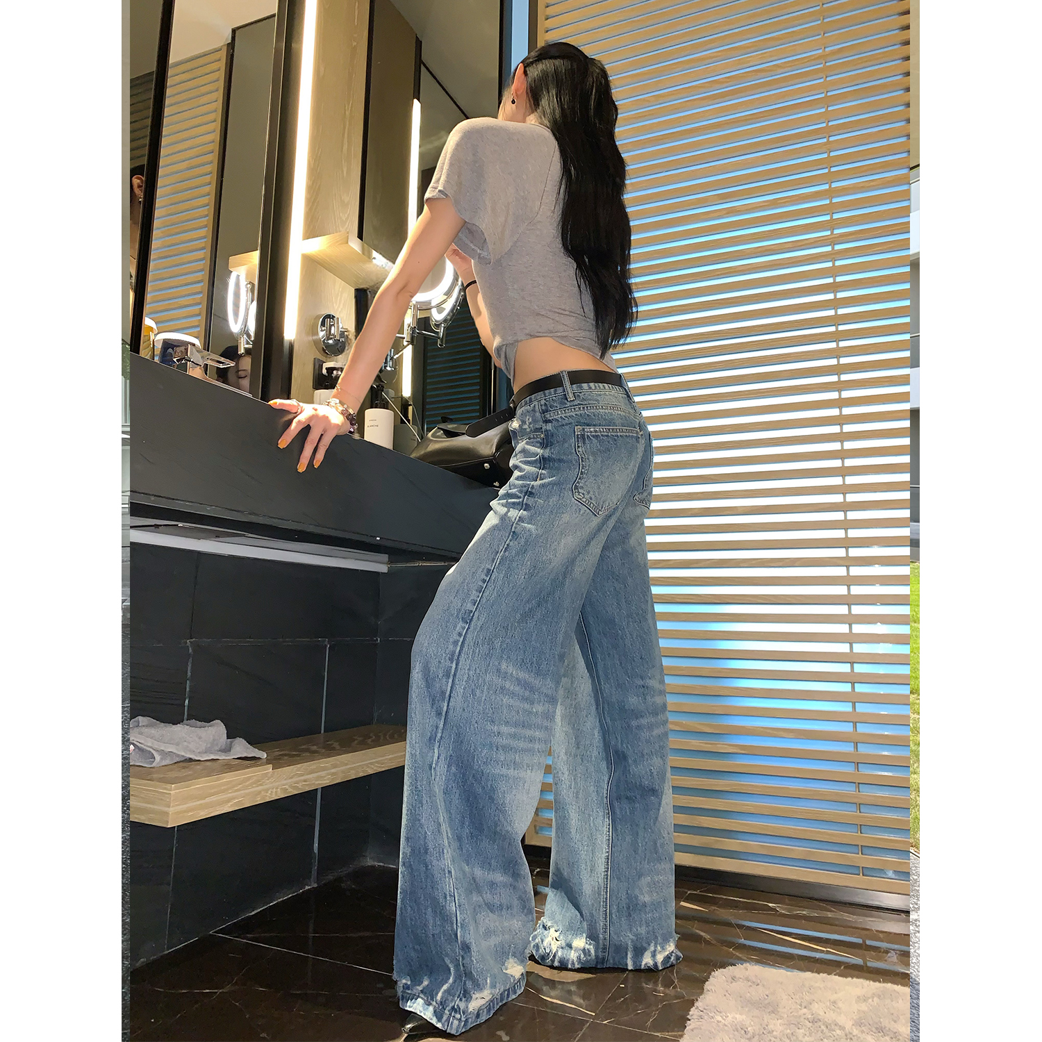 70不是七十【蓝海逸风】春夏韩系中低腰磨烂重工阔腿牛仔长裤