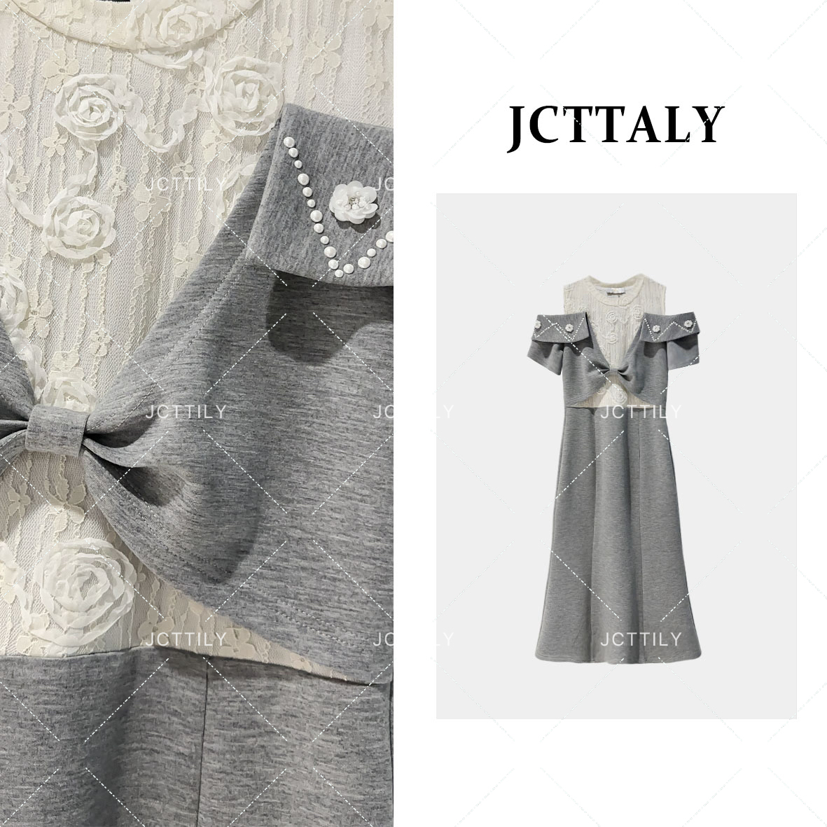 COCO拼接百搭气质钉珠玫瑰花设计款休闲显瘦连衣裙JC-A2895短袖