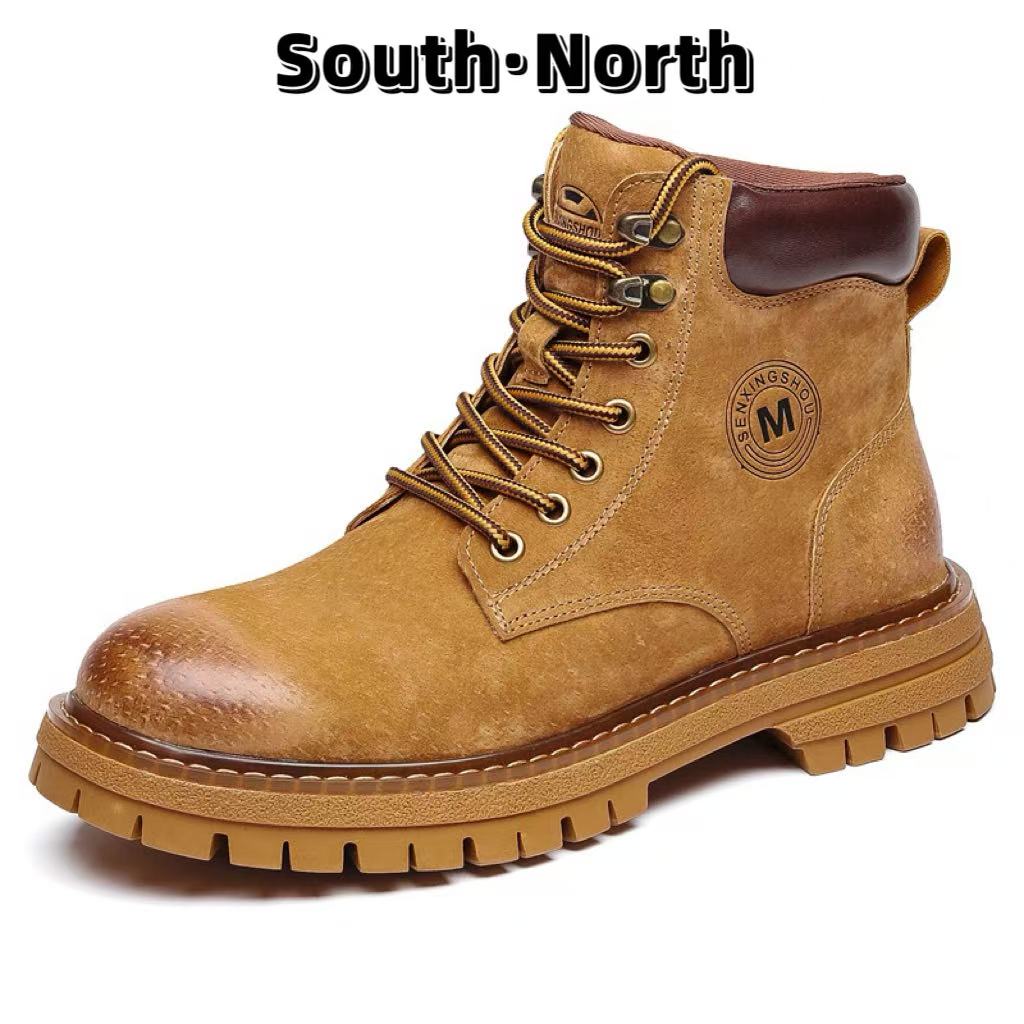 South·North马丁靴男款真皮高帮短靴复古工装靴男士户外大黄靴