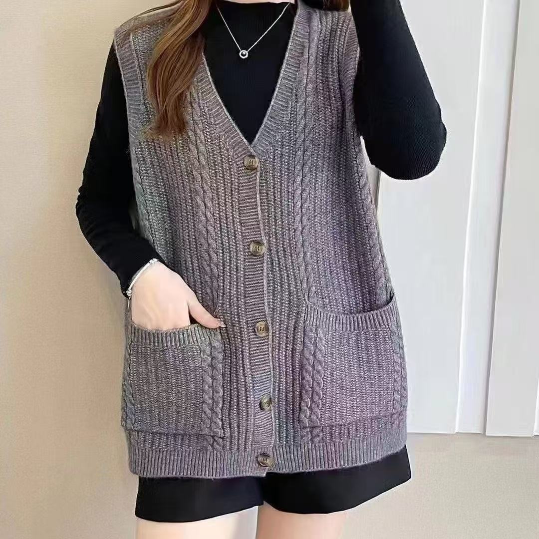 201新款装秋冬V领针织开衫背心时尚砍肩纯色针织马甲