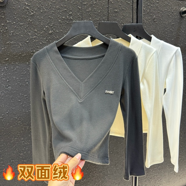 V领钻露锁骨短款打底衫女冬季韩版修身显瘦加绒长袖T恤上衣8353#