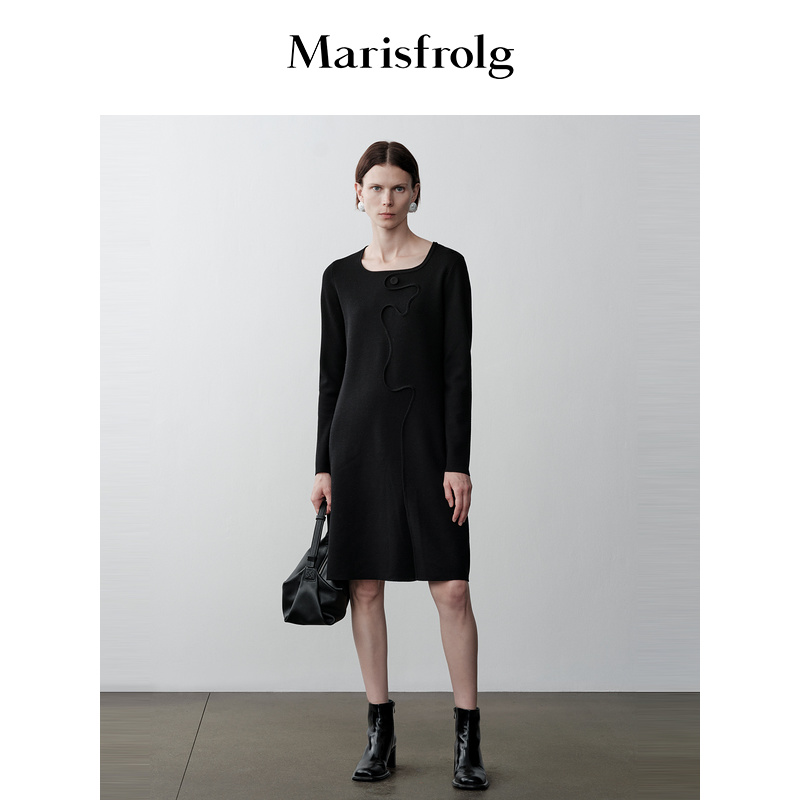 Marisfrolg/玛丝菲尔长袖轻奢时尚黑色显瘦圆领连衣裙A1DE4868M