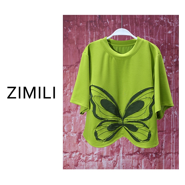 【亮哥女装】2025夏季欧版轻薄透气柳绿色蝴蝶刺绣休闲时尚T恤8369