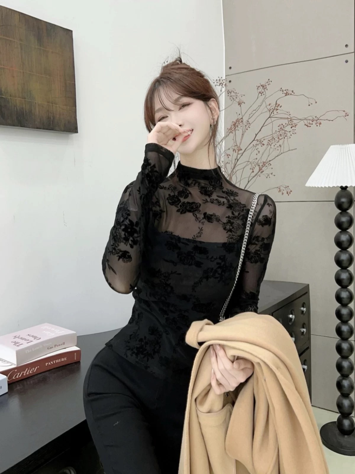 秋冬欧货半高领蕾丝内搭女性高级感微透打底衫百搭长袖上衣