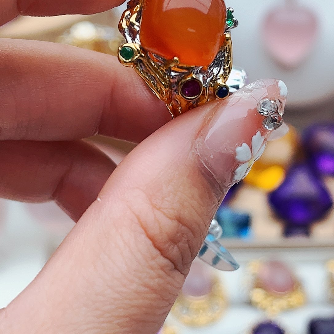 南红玛瑙戒指银S925镶嵌天然