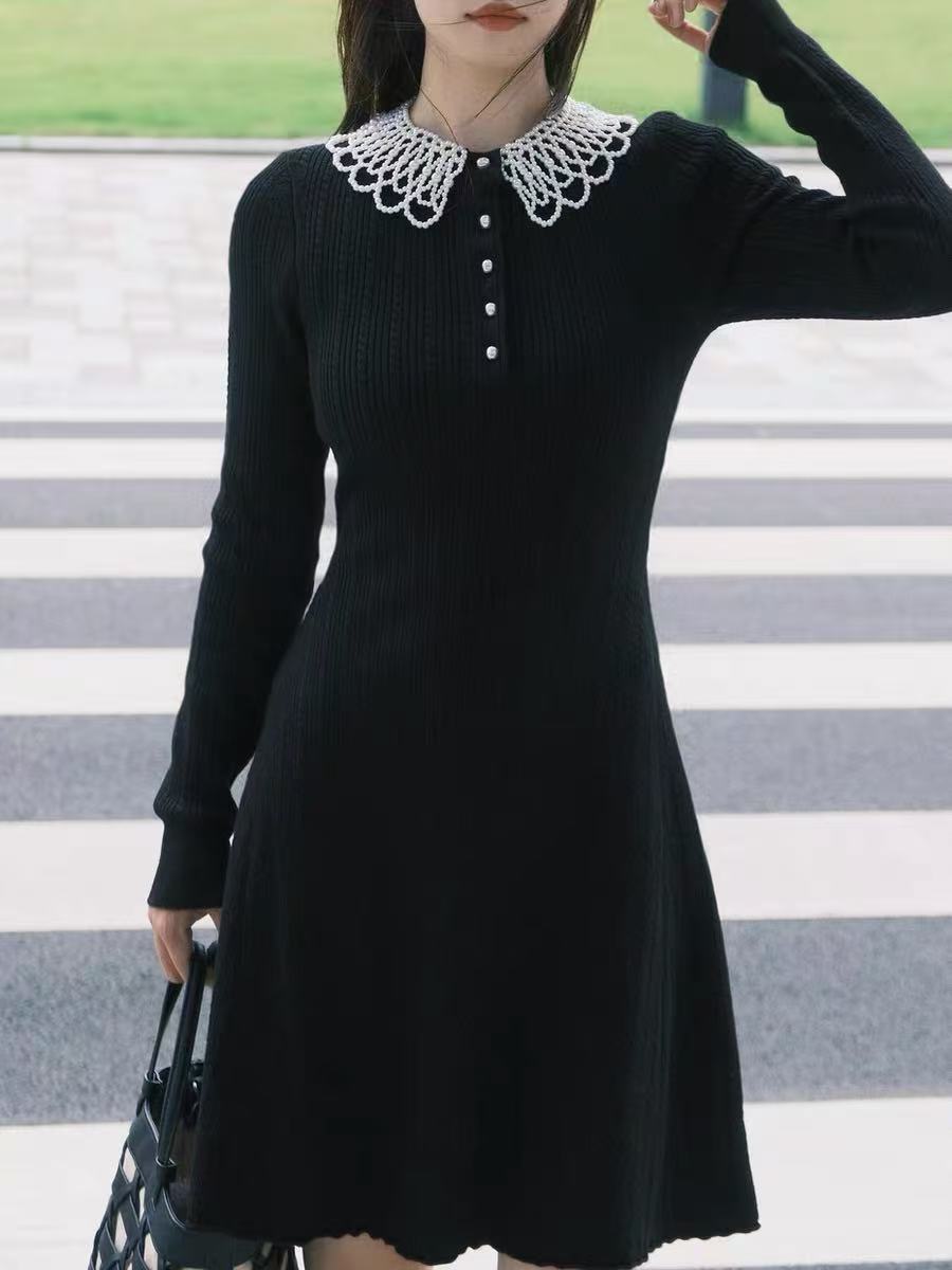 ES.南油原创秋冬法式富家千金掐腰时尚钉珠可拆斜娃娃领连衣裙