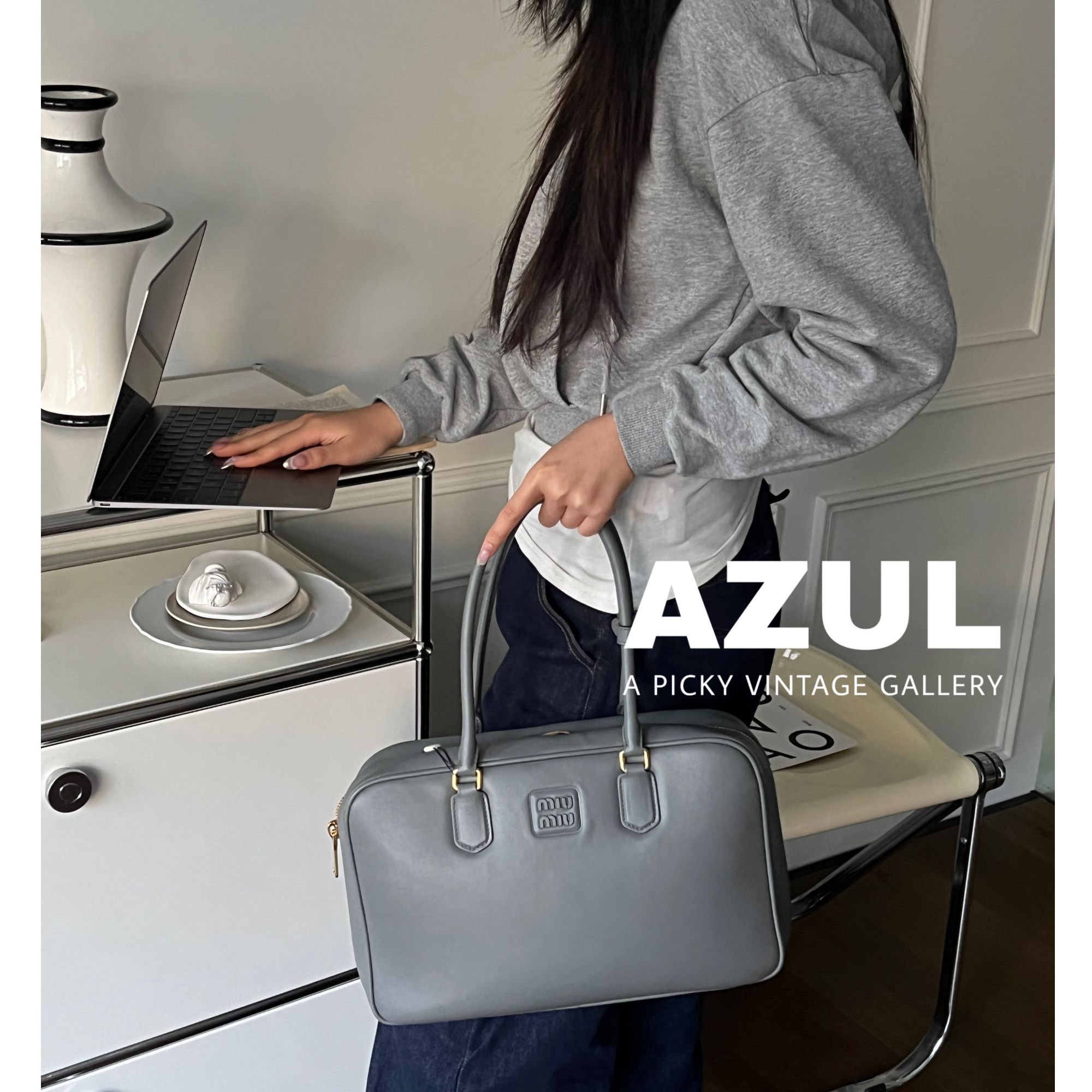 99新 MIU MIU/缪缪 Azul - 新款灰色BEAU系列牛皮公文包 37718   