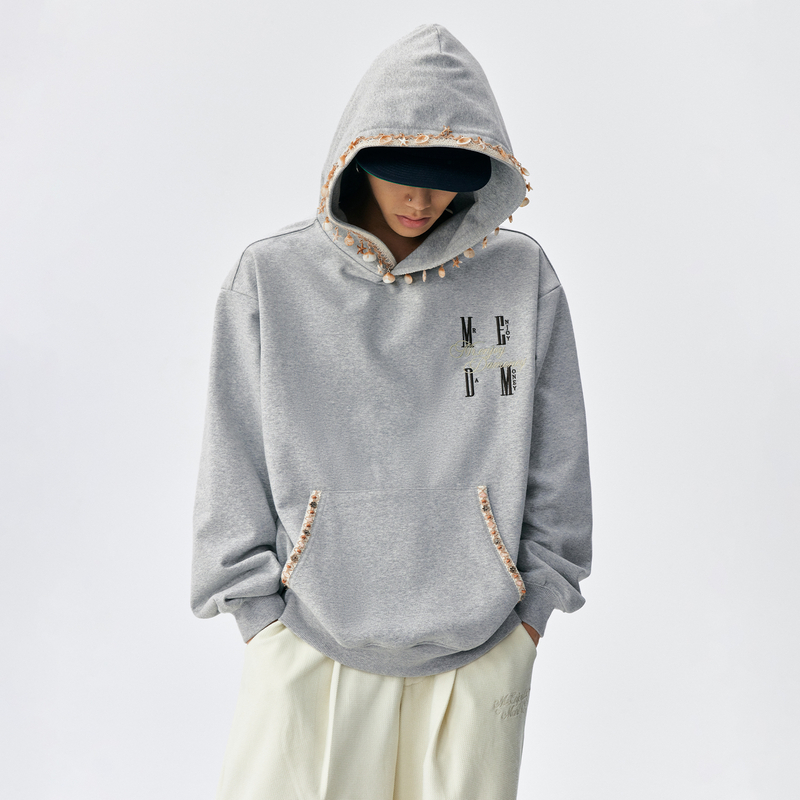 MEDM 贝壳海星花边休闲连帽卫衣潮牌美式百搭字母刺绣宽松帽衫男