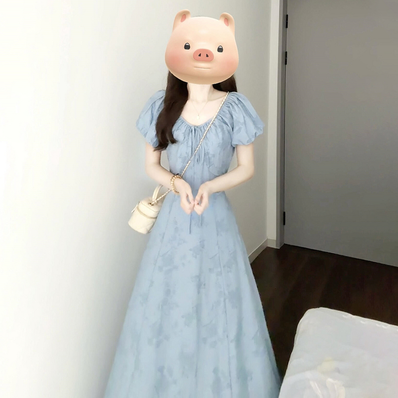 【现货+运补】法式蓝色泡泡袖海边度假漂亮绝美收腰长裙子3324