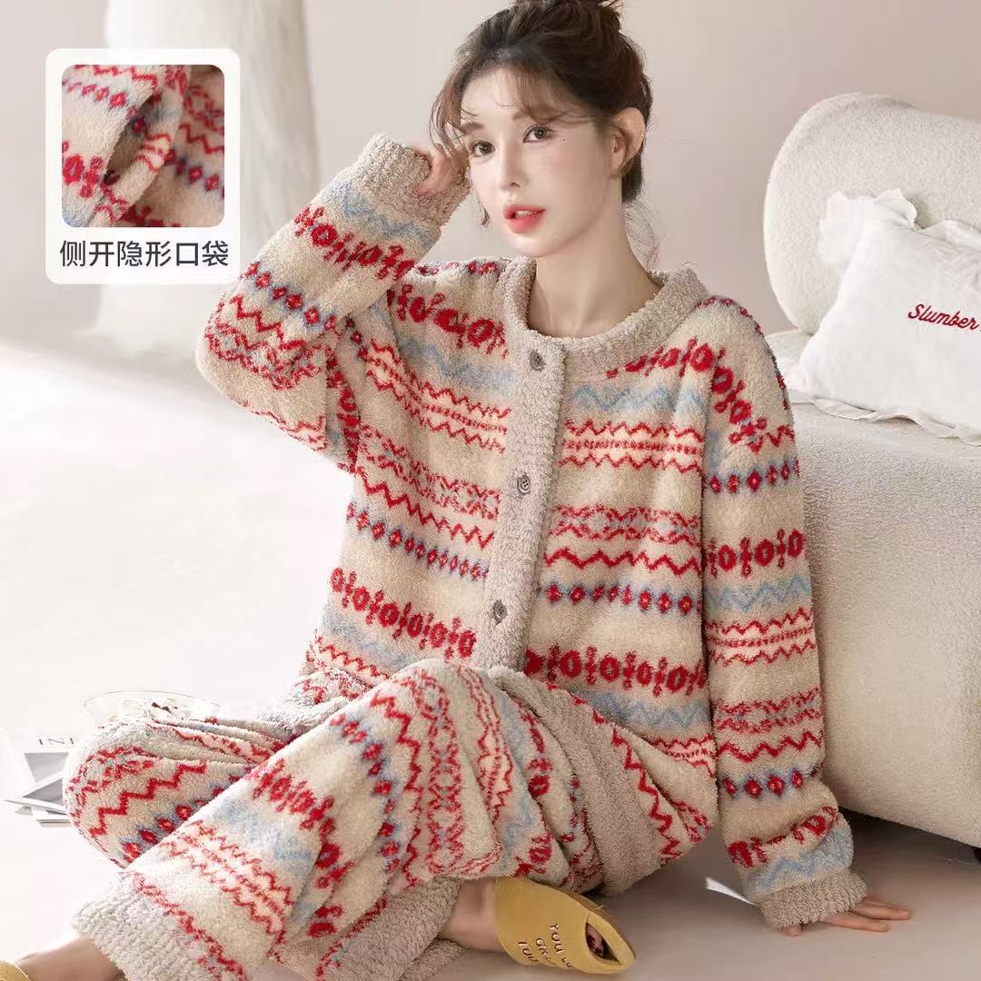 复古高级感暖绒保暖女士家居服可外穿法兰绒秋冬睡衣